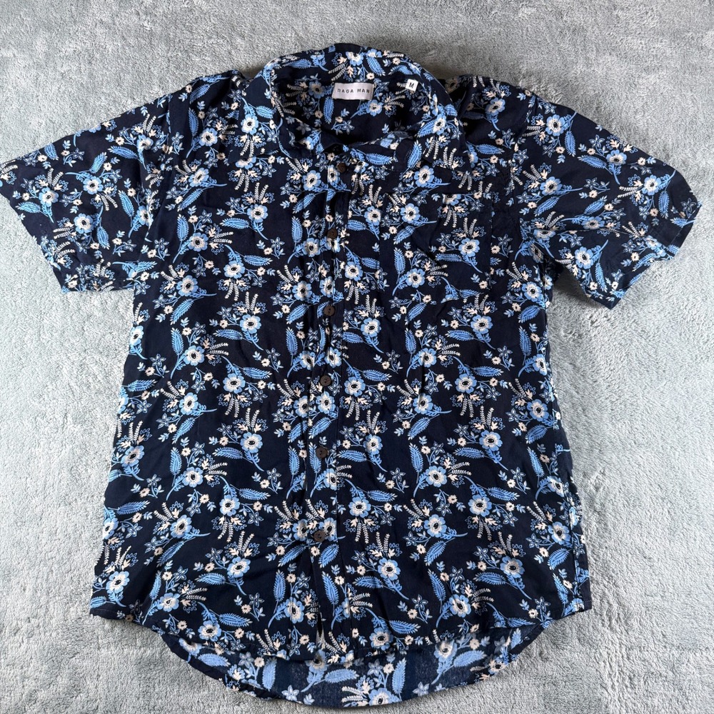 Raga Man Mens Navy Blue Floral Short Sleeve Button Down Shirt MR111 Size M